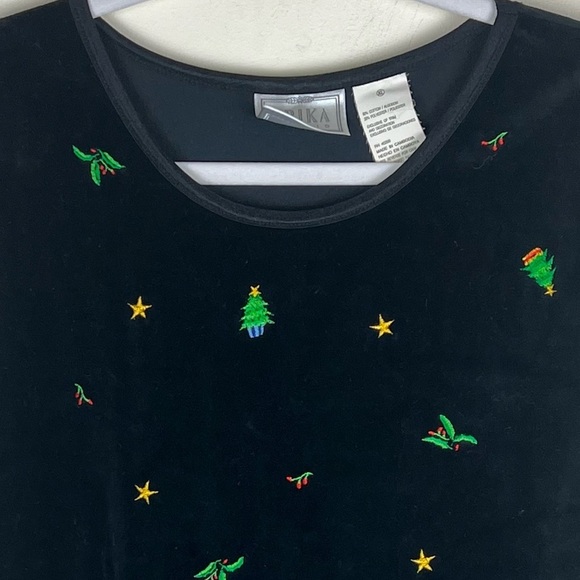 Erika Studio | Vintage 80s 90s Velvet Christmas Embroidered Black Dress | L/XL - Picture 3 of 7